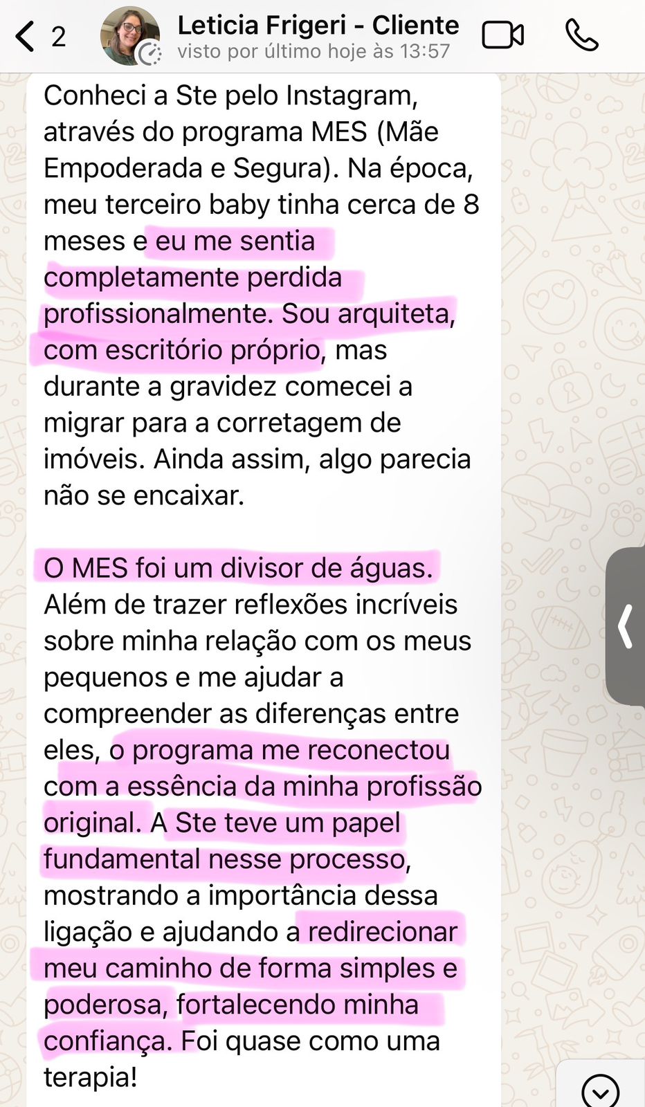 Mensagem de Leticia Frigeri